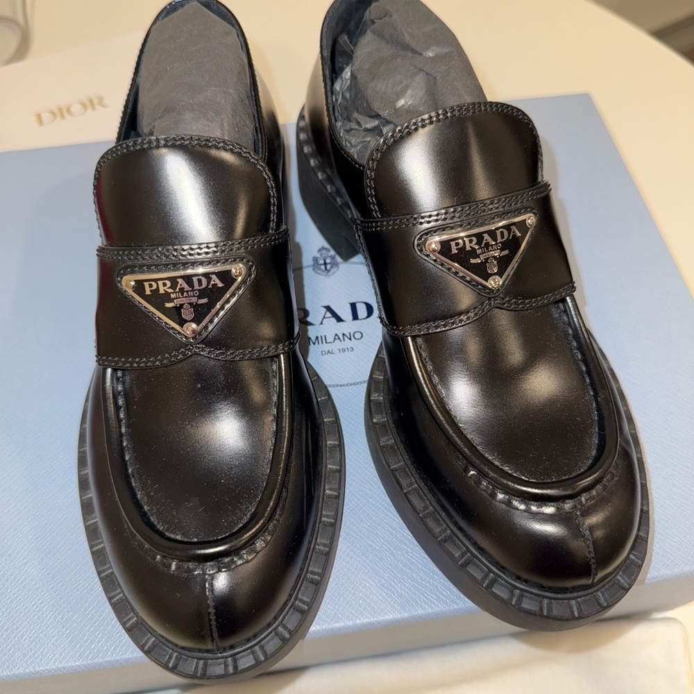 Prada brushed platform loafers black leather